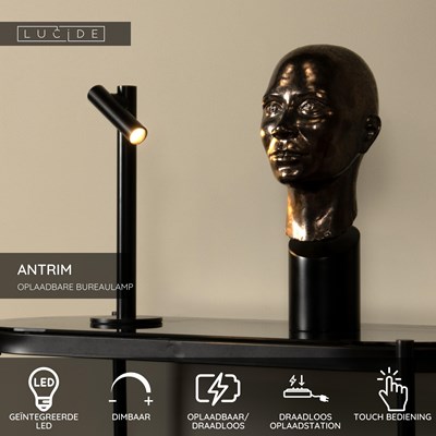 Lucide ANTRIM - Oplaadbare Bureaulamp Binnen/Buiten - Accu/Batterij - LED Dimb. - 1x2,2W 2700K - IP54 - Met draadloos oplaadstation - Zwart